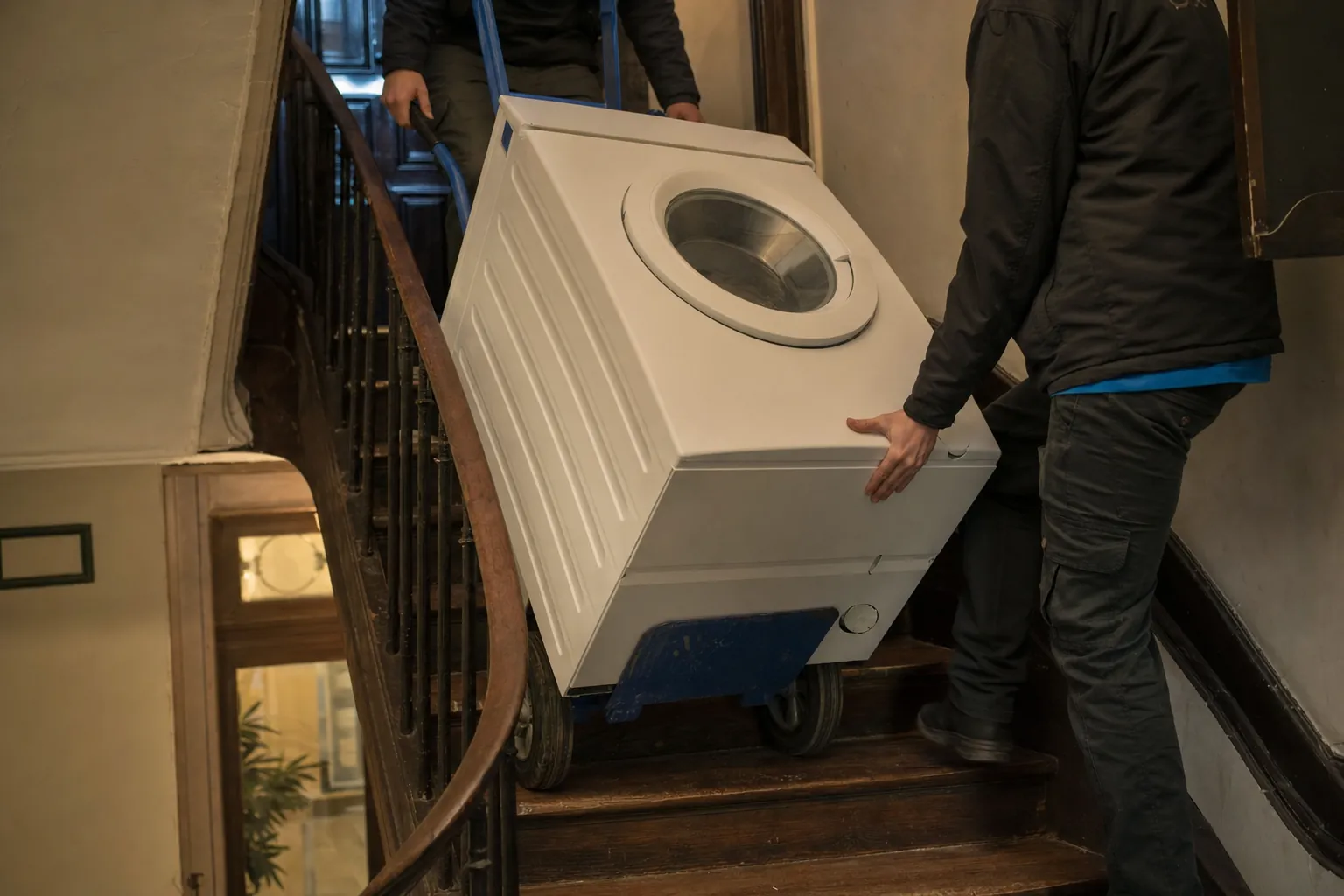 Dos personas bajan una lavadora con carretilla por la escalera de un edificio antiguo sin ascensor del centro de Madrid