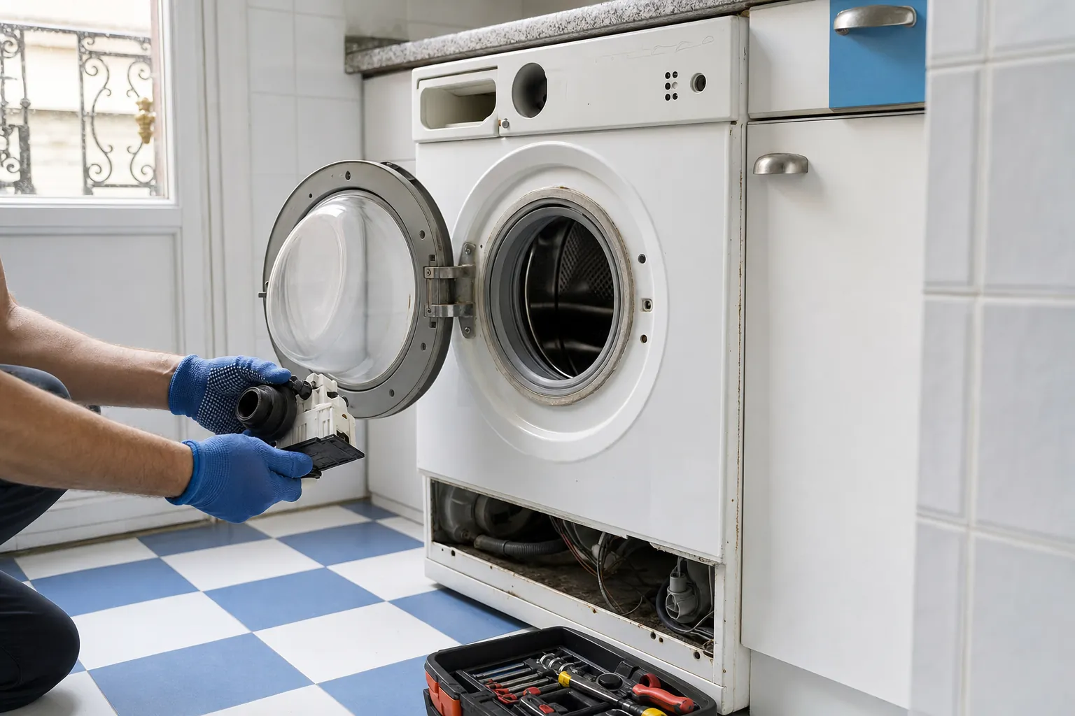 Técnico revisando la bomba de desagüe de una lavadora antigua en la cocina de un piso de Madrid