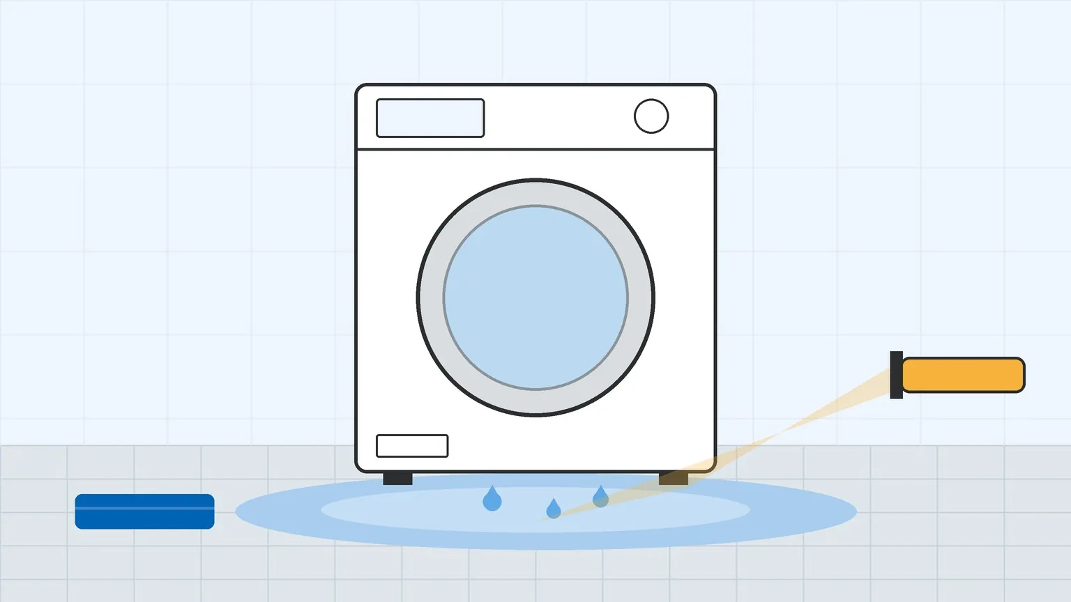 Ilustración de una lavadora de carga frontal con un charco de agua debajo y una linterna buscando el origen de la fuga