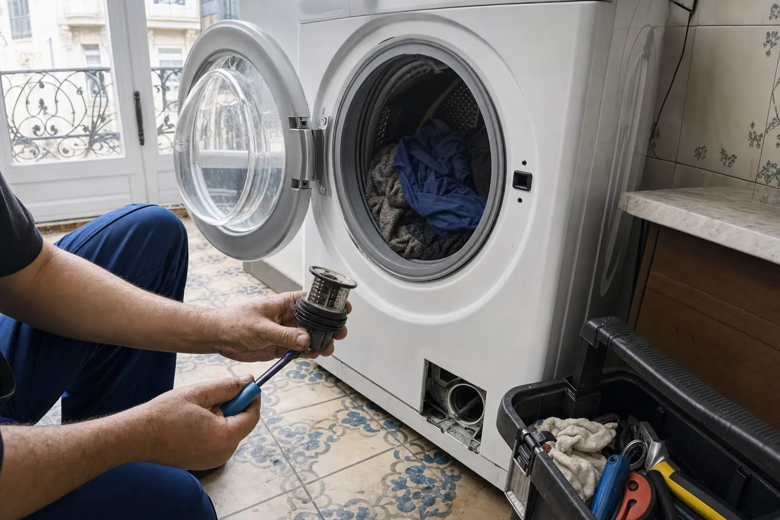 Técnico revisando una lavadora que no centrifuga con la ropa todavía mojada en el tambor, en un piso de Madrid